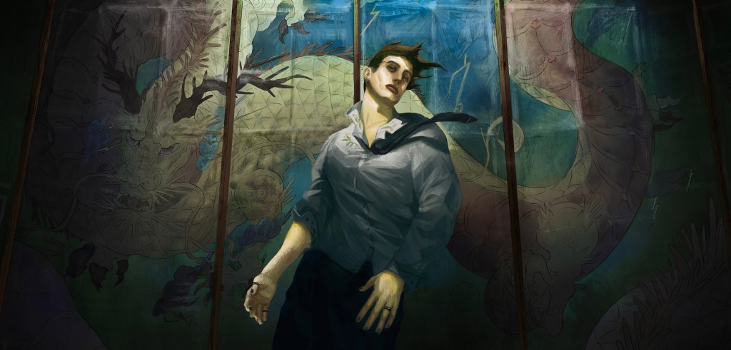 A horizontal, digital painting of a figure in office wear, standing in front of a mural. This mural depicts an eastern-styled dragon in shades of yellow and red, on a blue background.  