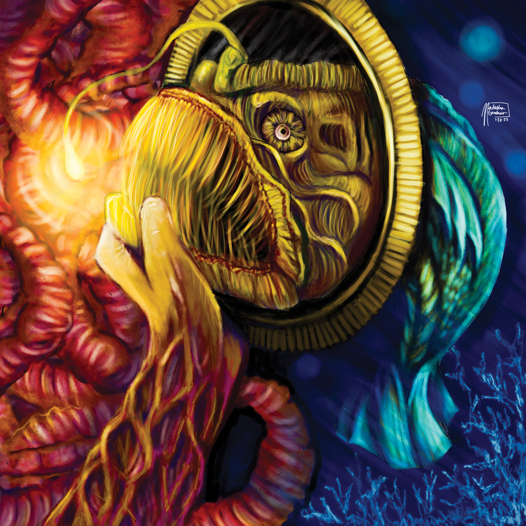 Digital painting of a mutilated hand pulling an angler fish into a grotesque realm from a deep undersea realm through an antique mirror rift. 