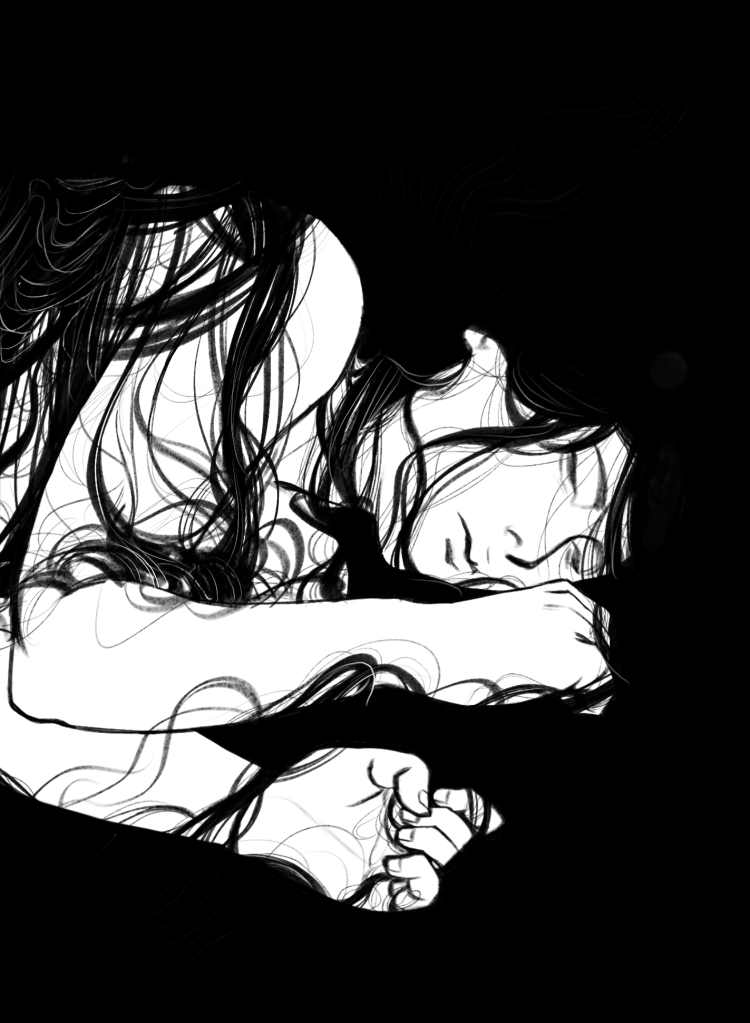 A black and white drawing of a sleeping person. Their long black hair tangles around them and blends in with the darkness of the background. 