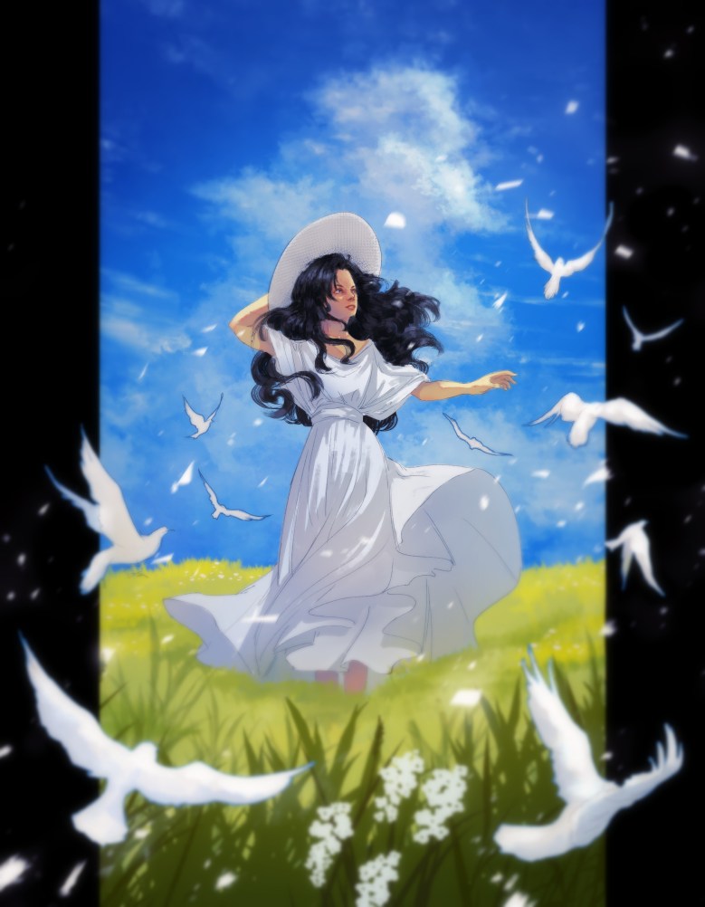 A woman holding onto her hat as birds lift off a grassy field, driven by a strong wind.